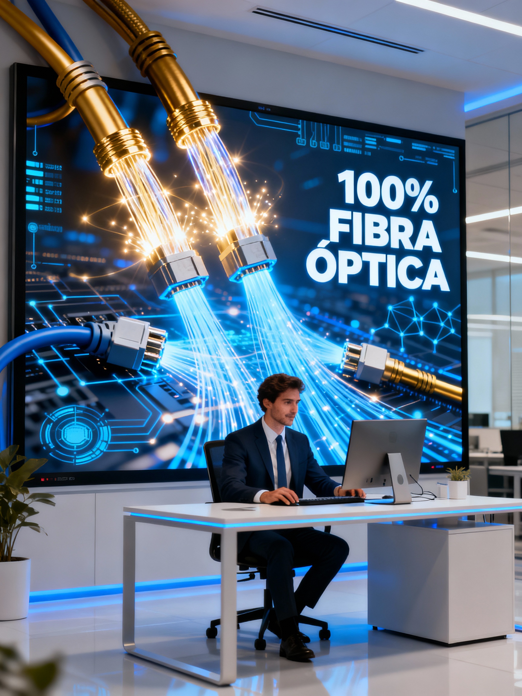 profesional con computadora y frase 100% fibra óptica